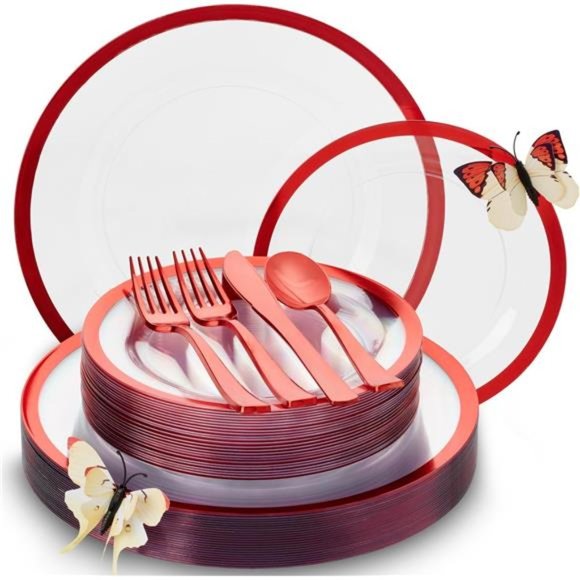 150 Pcs Clear and Red Plastic Plates for Party | Disposable Dinnerware Set - Picture 1 of 7